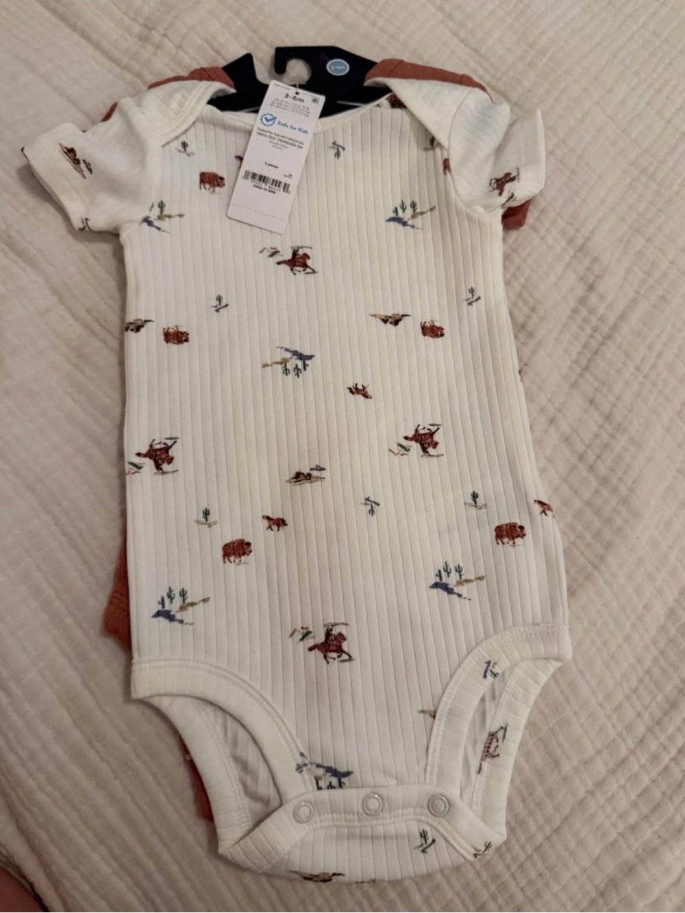 New Carters Cream Ribbed Cowboy Print Baby One-Piece